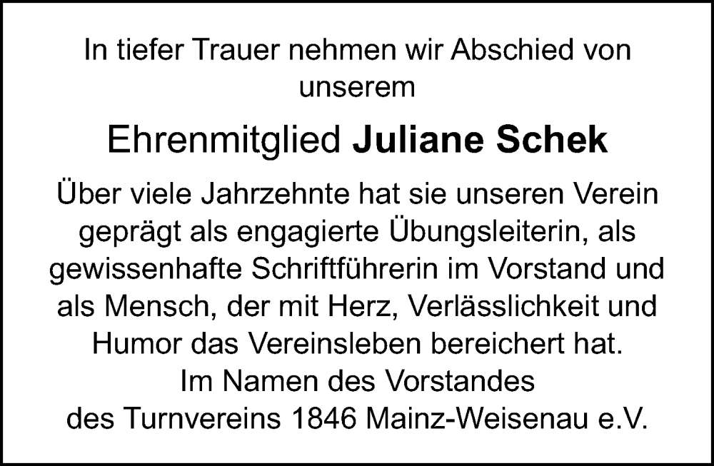  Traueranzeige für Juliane Schek vom 03.01.2026 aus Allgemeine Zeitung Mainz