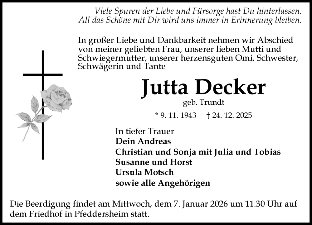  Traueranzeige für Jutta Decker vom 03.01.2026 aus Wormser Zeitung
