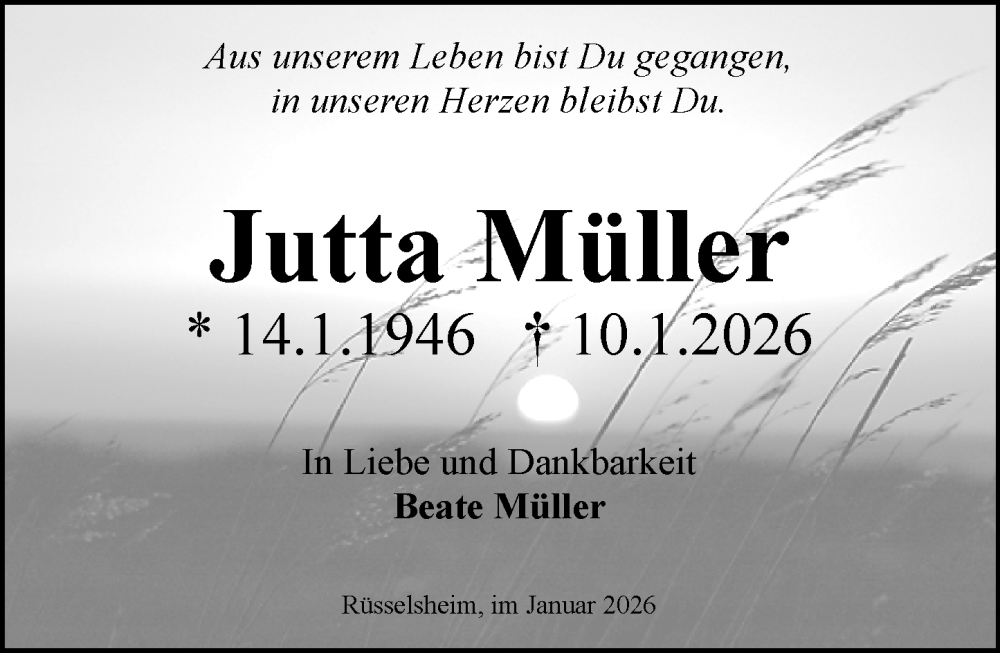  Traueranzeige für Jutta Müller vom 17.01.2026 aus Rüsselsheimer Echo