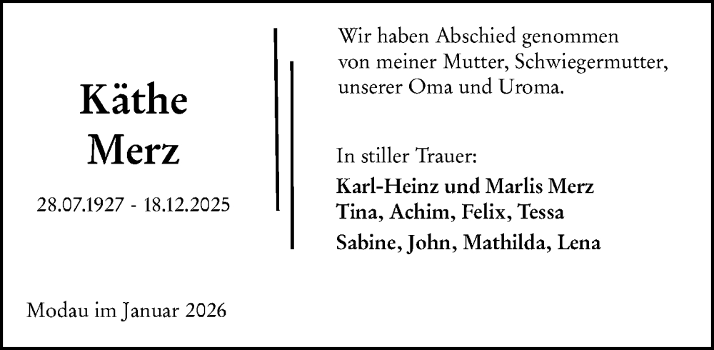  Traueranzeige für Käthe Merz vom 10.01.2026 aus Darmstädter Echo
