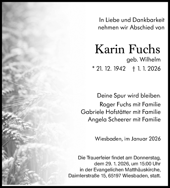 Traueranzeige von Karin Fuchs von Wiesbadener Kurier