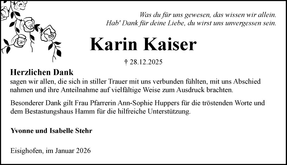  Traueranzeige für Karin Kaiser vom 31.01.2026 aus Rheingau-Taunus-Kreis Wochenblatt