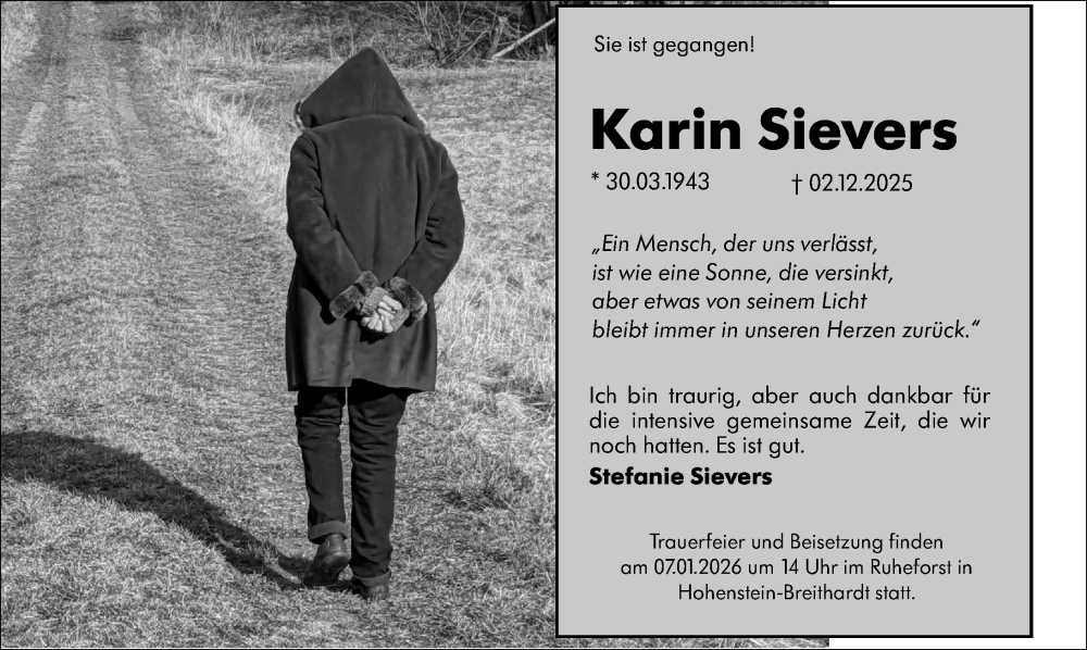  Traueranzeige für Karin Sievers vom 03.01.2026 aus Wiesbadener Kurier