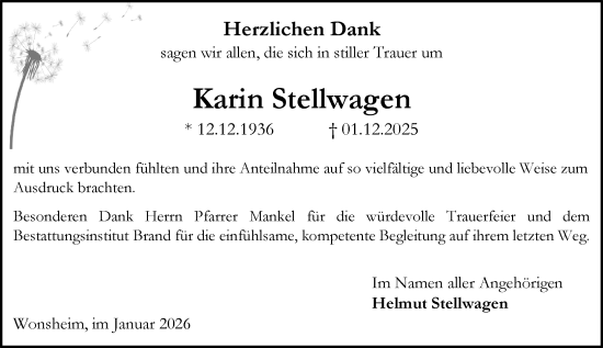 Traueranzeige von Karin Stellwagen von Allgemeine Zeitung Alzey