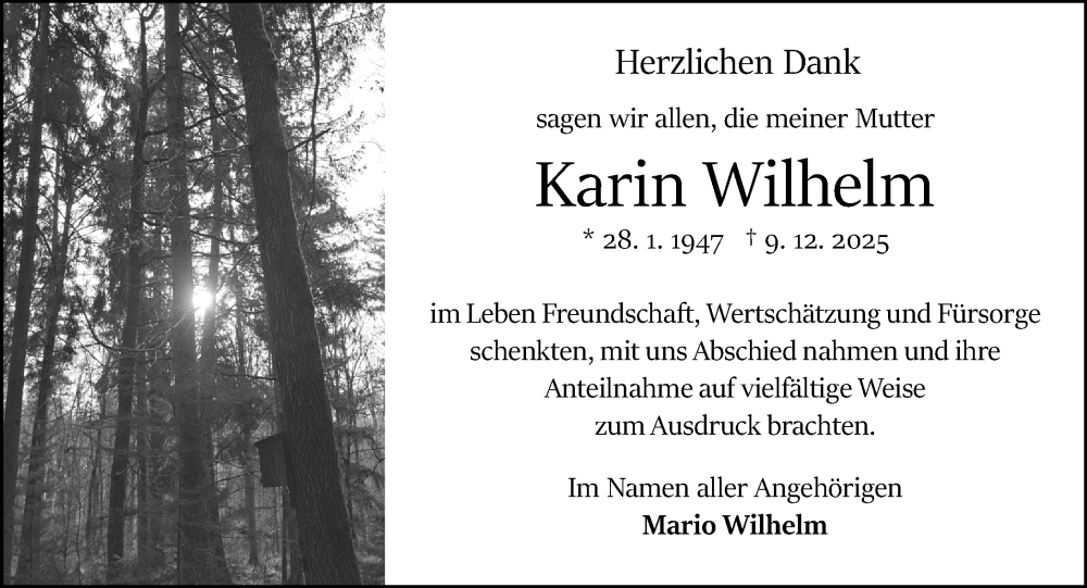  Traueranzeige für Karin Wilhelm vom 10.01.2026 aus Odenwälder Echo