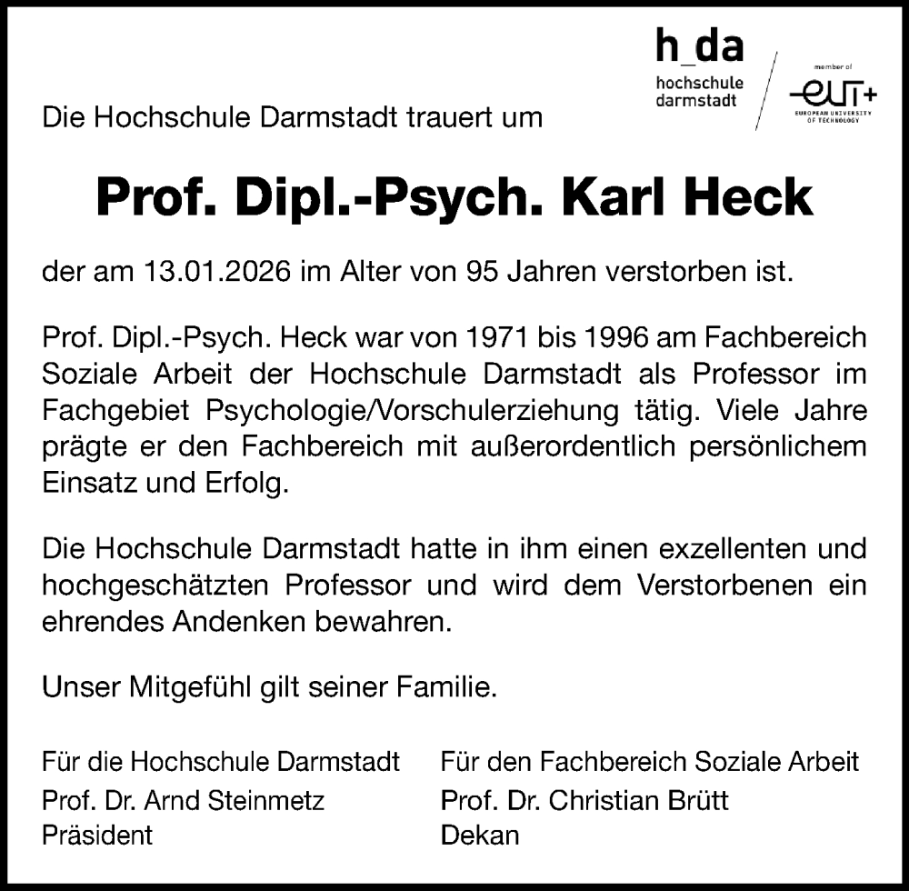  Traueranzeige für Karl Heck vom 24.01.2026 aus Darmstädter Echo