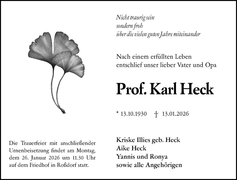  Traueranzeige für Karl Heck vom 24.01.2026 aus Darmstädter Echo