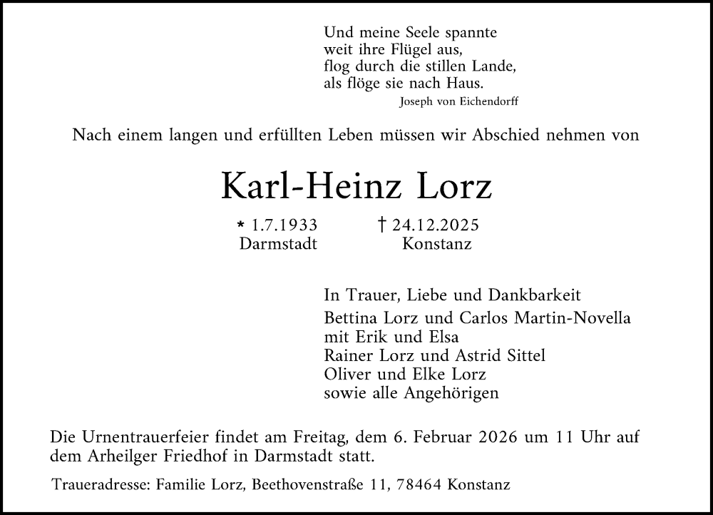  Traueranzeige für Karl-Heinz Lorz vom 24.01.2026 aus Darmstädter Echo