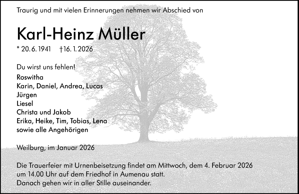  Traueranzeige für Karl-Heinz Müller vom 31.01.2026 aus Weilburger Tageblatt