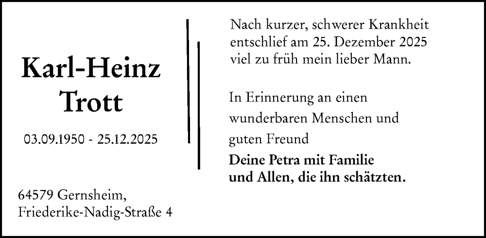  Traueranzeige für Karl-Heinz Trott vom 31.01.2026 aus Allgemeine Zeitung Mainz
