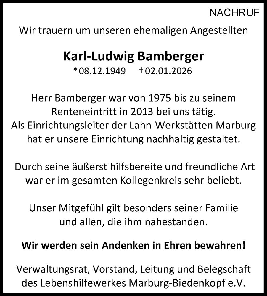  Traueranzeige für Karl-Ludwig Bamberger vom 08.01.2026 aus Hinterländer Anzeiger