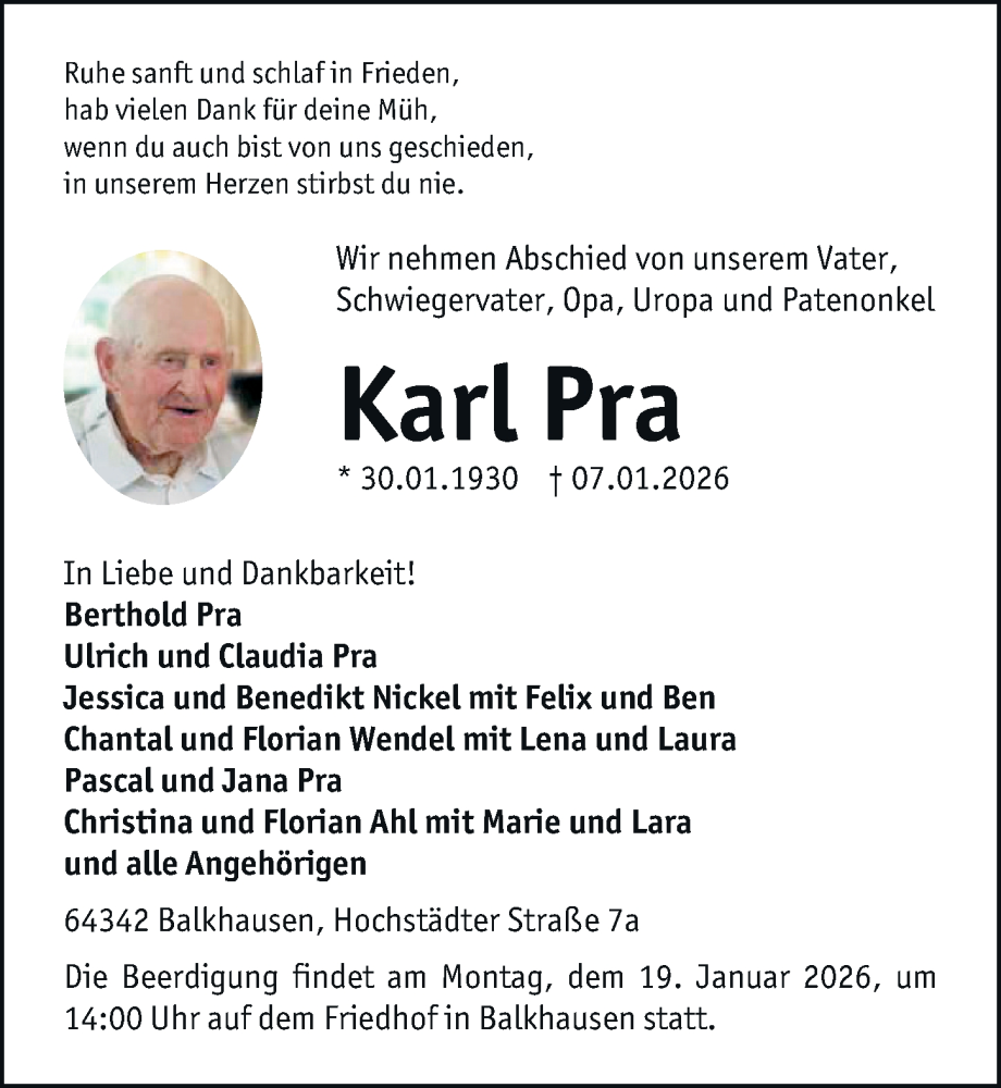  Traueranzeige für Karl Pra vom 17.01.2026 aus Darmstädter Echo