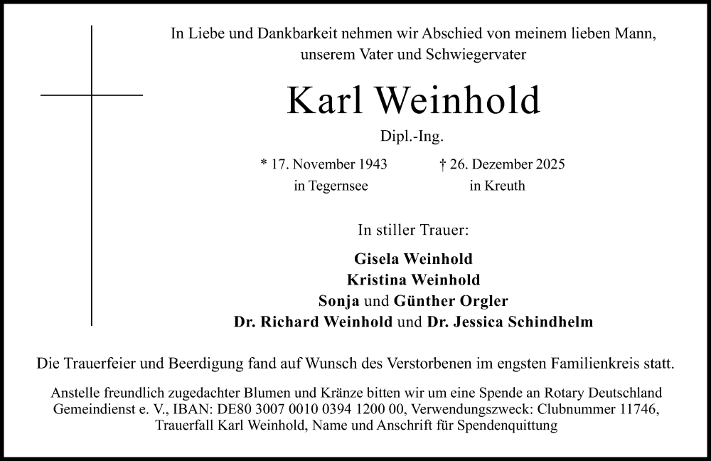  Traueranzeige für Karl Weinhold vom 03.01.2026 aus Weilburger Tageblatt