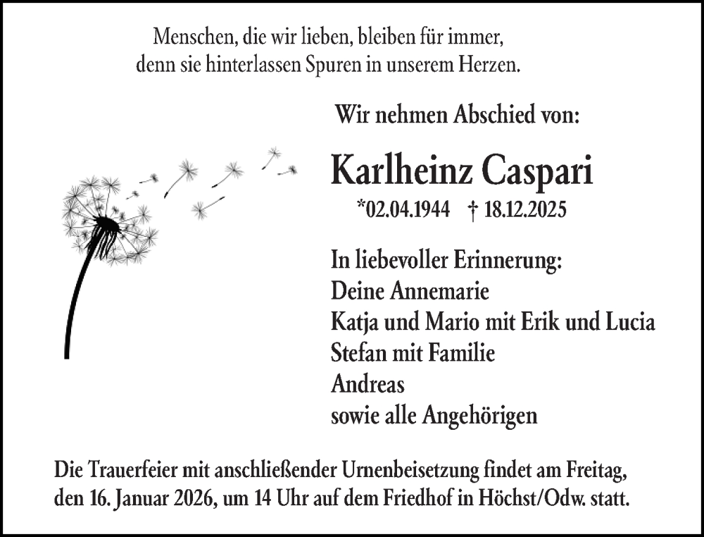  Traueranzeige für Karlheinz Caspari vom 10.01.2026 aus Odenwälder Echo