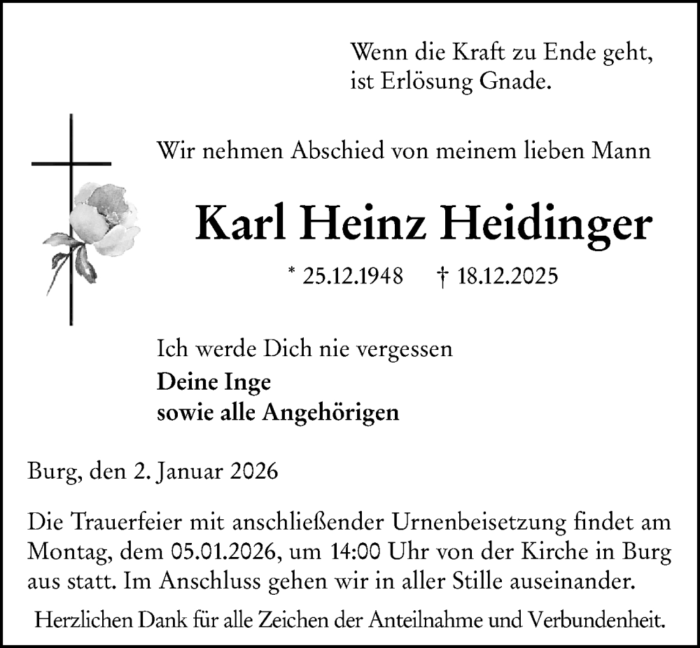  Traueranzeige für Karl Heinz Heidinger vom 02.01.2026 aus Dill Block