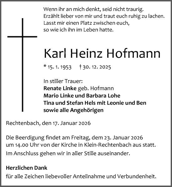 Traueranzeige von Karl Heinz Hofmann von Wetzlarer Neue Zeitung
