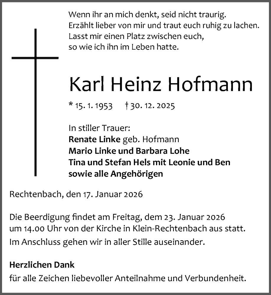  Traueranzeige für Karl Heinz Hofmann vom 17.01.2026 aus Wetzlarer Neue Zeitung