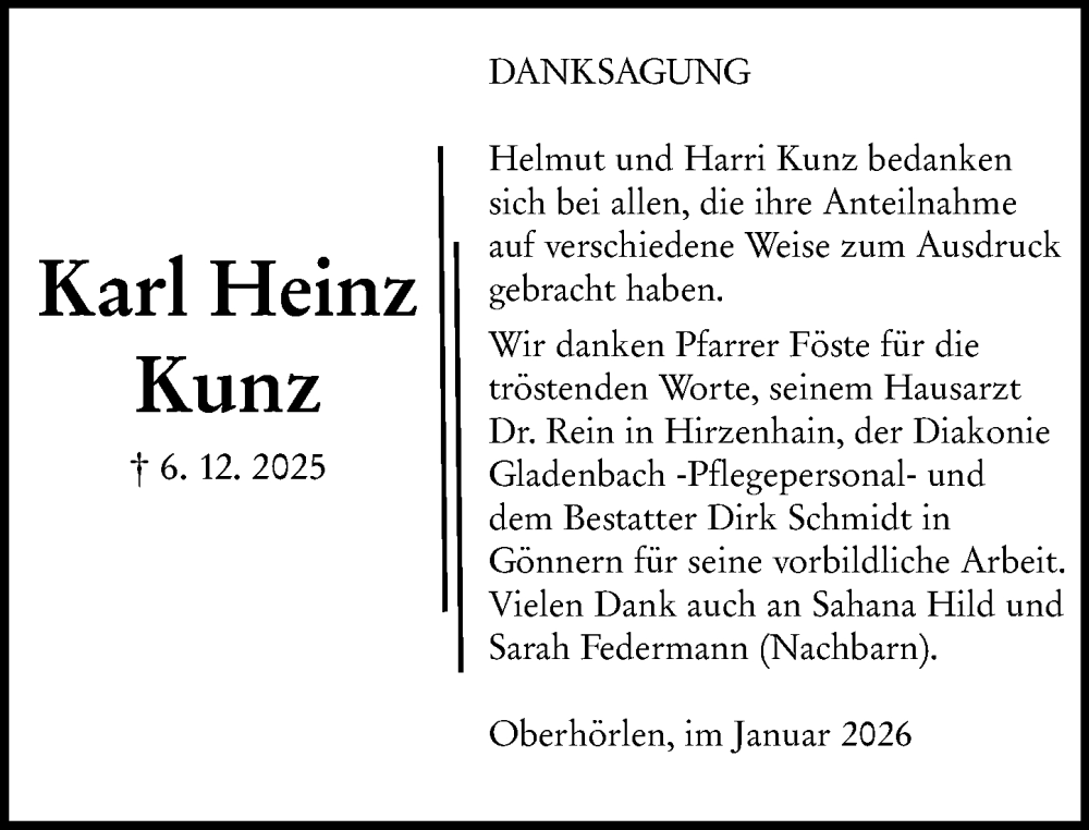  Traueranzeige für Karl Heinz Kunz vom 10.01.2026 aus Hinterländer Anzeiger