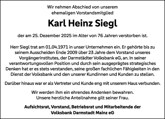 Traueranzeige von Karl Heinz Siegl von Darmstädter Echo