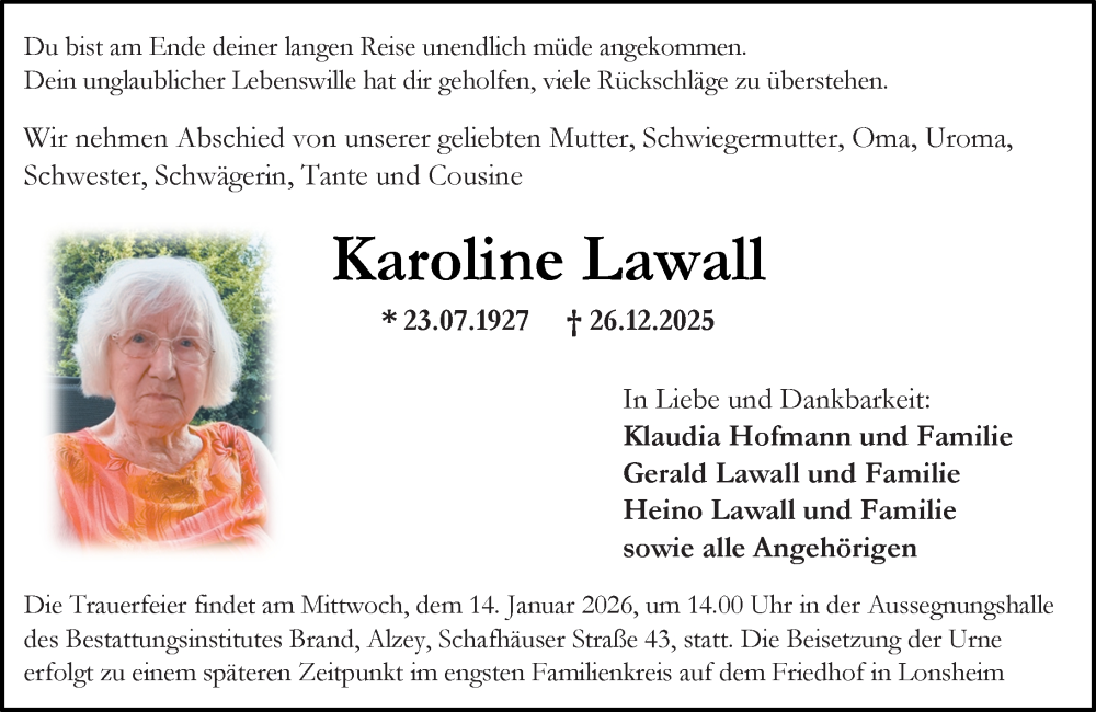  Traueranzeige für Karoline Lawall vom 10.01.2026 aus Allgemeine Zeitung Alzey