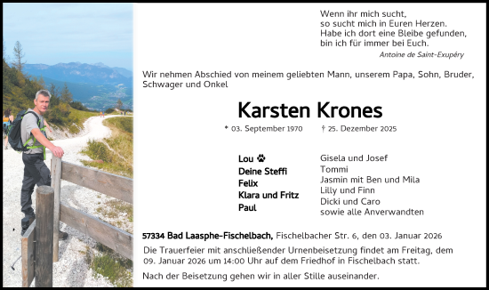 Traueranzeige von Karsten Krones von Dill Block