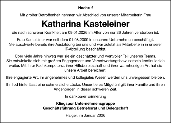 Traueranzeige von Katharina Kasteleiner von Dill Block
