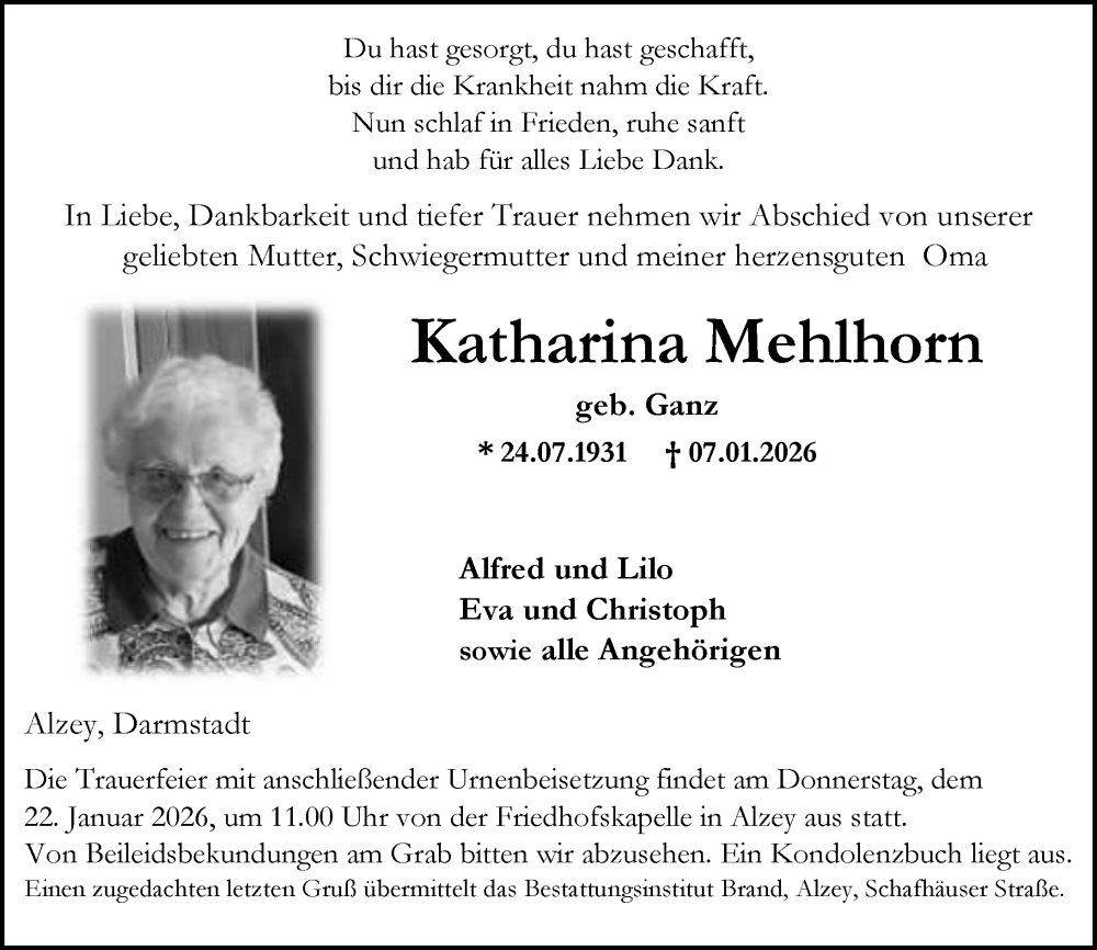  Traueranzeige für Katharina Mehlhorn vom 17.01.2026 aus Allgemeine Zeitung Alzey