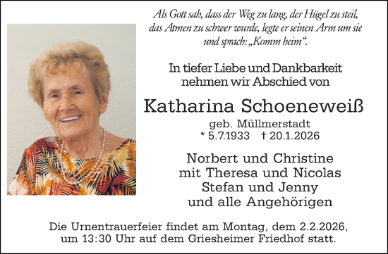 Traueranzeige von Katharina Schoeneweiß von Darmstädter Echo