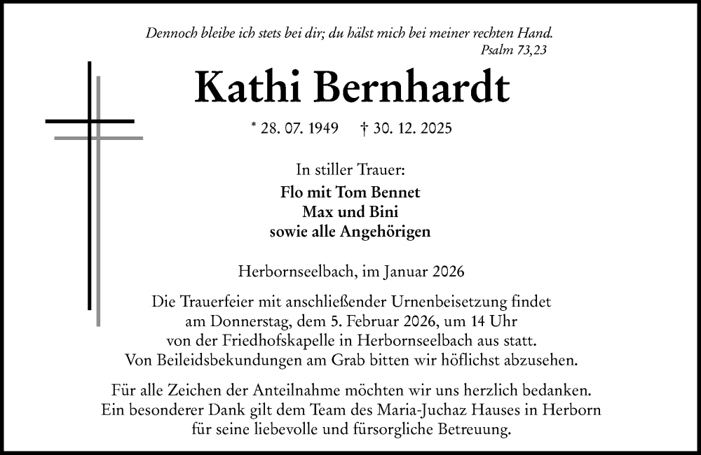  Traueranzeige für Kathi Bernhardt vom 31.01.2026 aus Dill Block