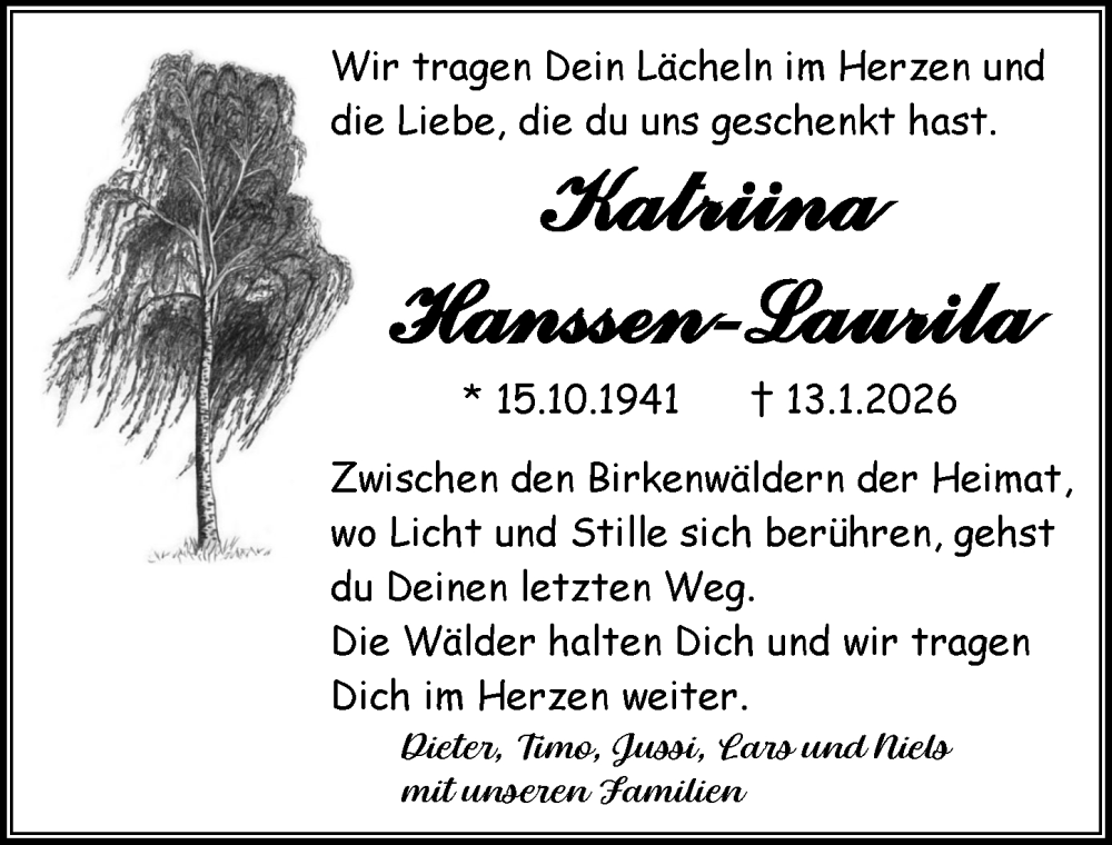  Traueranzeige für Katriina Hanssen-Laurila vom 20.01.2026 aus Allgemeine Zeitung Mainz