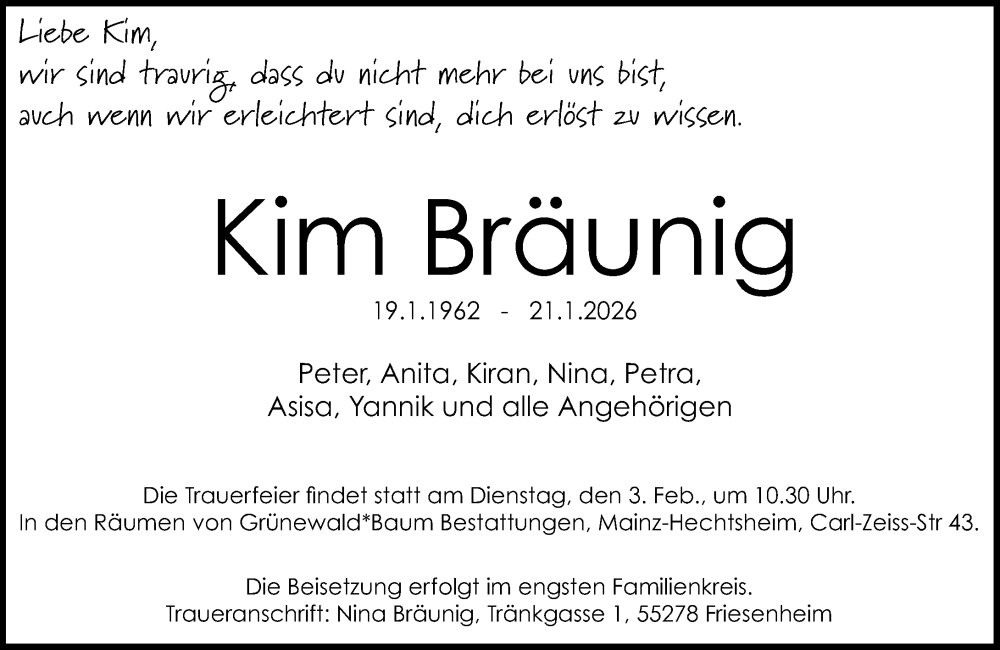  Traueranzeige für Kim Bräunig vom 31.01.2026 aus Allgemeine Zeitung Mainz