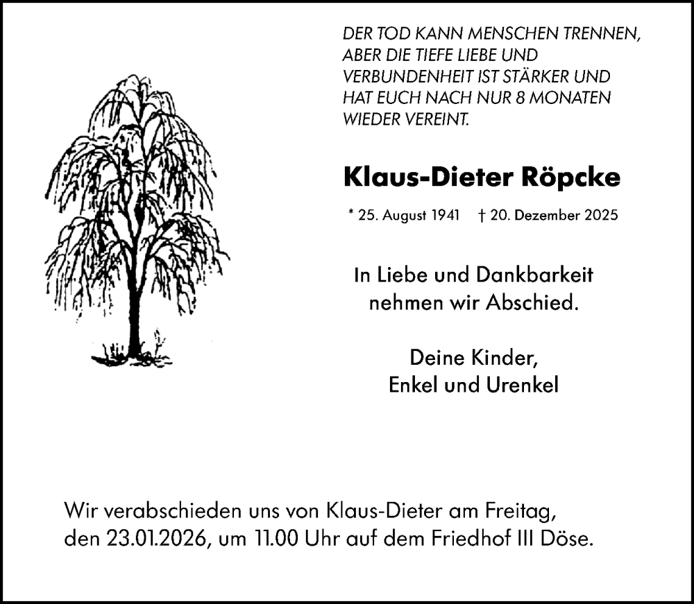  Traueranzeige für Klaus-Dieter Röpcke vom 17.01.2026 aus Weilburger Tageblatt