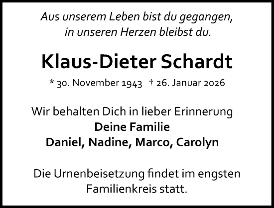 Traueranzeige von Klaus-Dieter Schardt von Allgemeine Zeitung Mainz