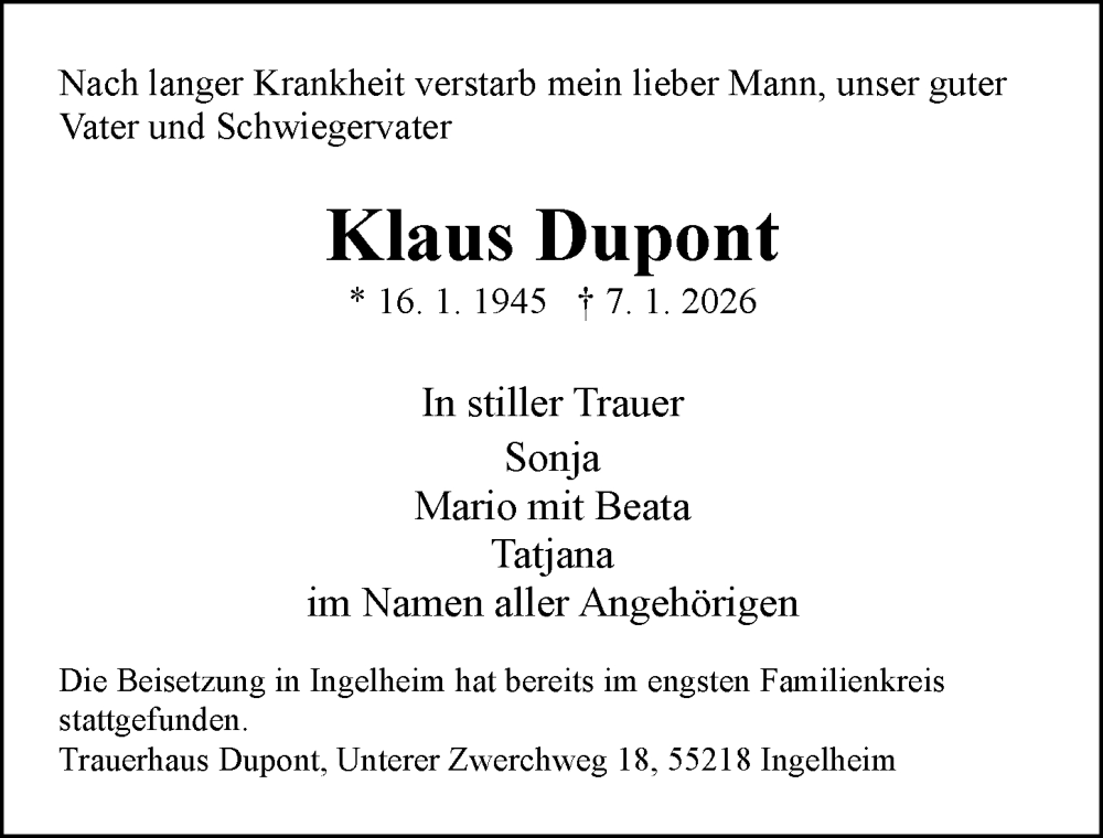  Traueranzeige für Klaus Dupont vom 24.01.2026 aus Allgemeine Zeitung Rheinhessen-Nahe