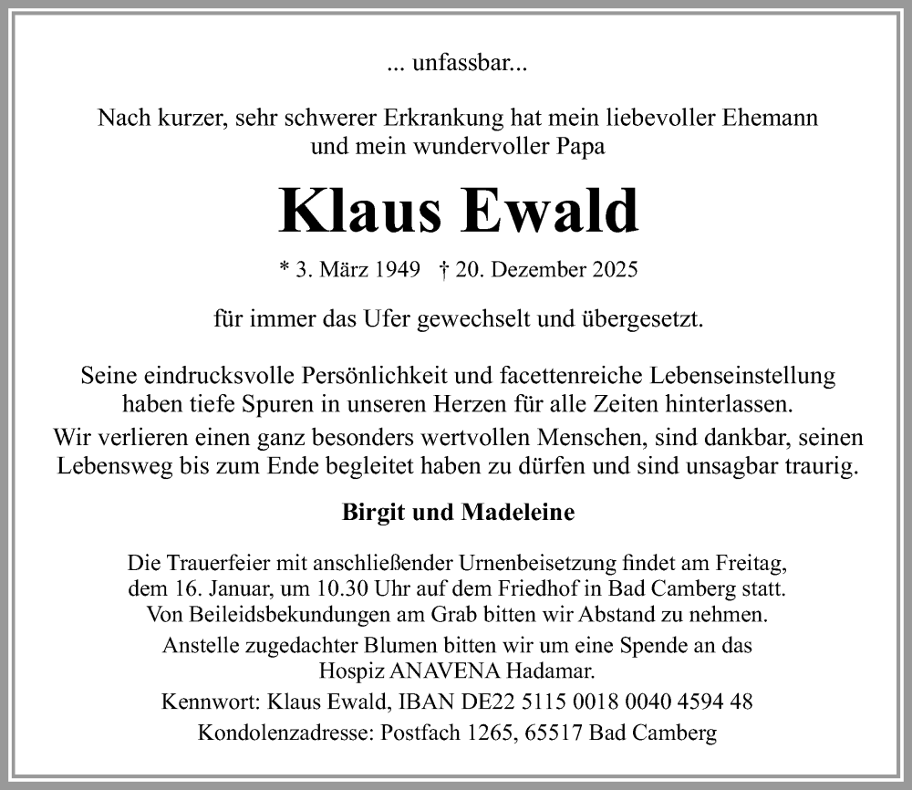  Traueranzeige für Klaus Ewald vom 08.01.2026 aus Camberger Anzeiger