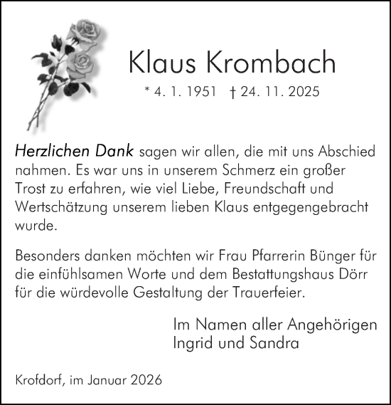 Traueranzeige von Klaus Krombach von Wetzlarer Neue Zeitung