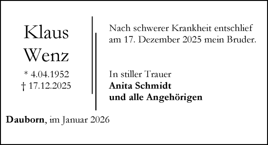 Traueranzeige von Klaus Wenz von Camberger Anzeiger