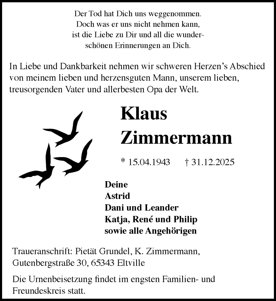  Traueranzeige für Klaus Zimmermann vom 17.01.2026 aus Wiesbadener Kurier