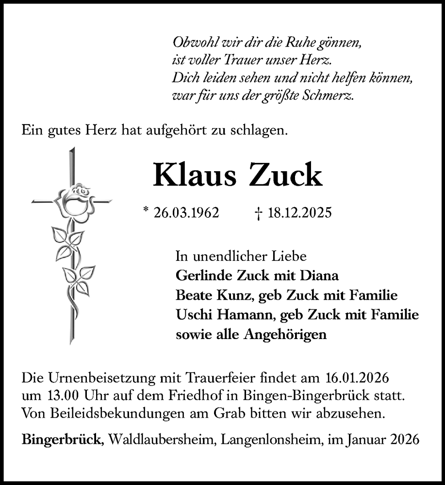  Traueranzeige für Klaus Zuck vom 10.01.2026 aus Binger-/Ingelheimer Wochenblatt