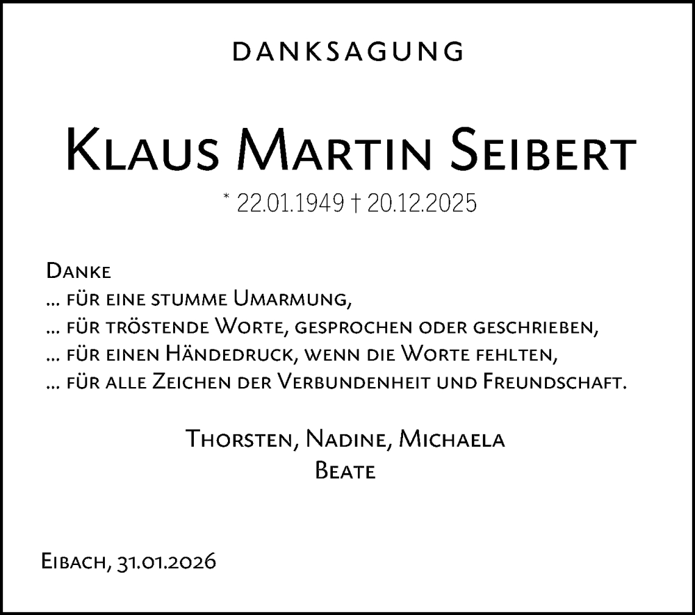 Traueranzeige für Klaus Martin Seibert vom 31.01.2026 aus Dill Block