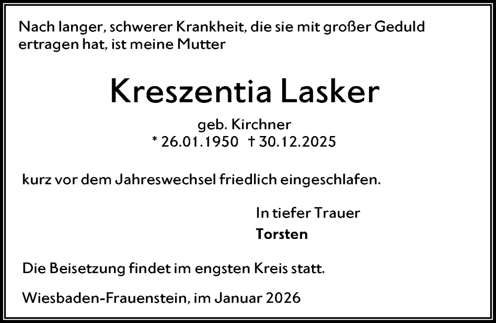  Traueranzeige für Kreszentia Lasker vom 31.01.2026 aus Wiesbadener Kurier