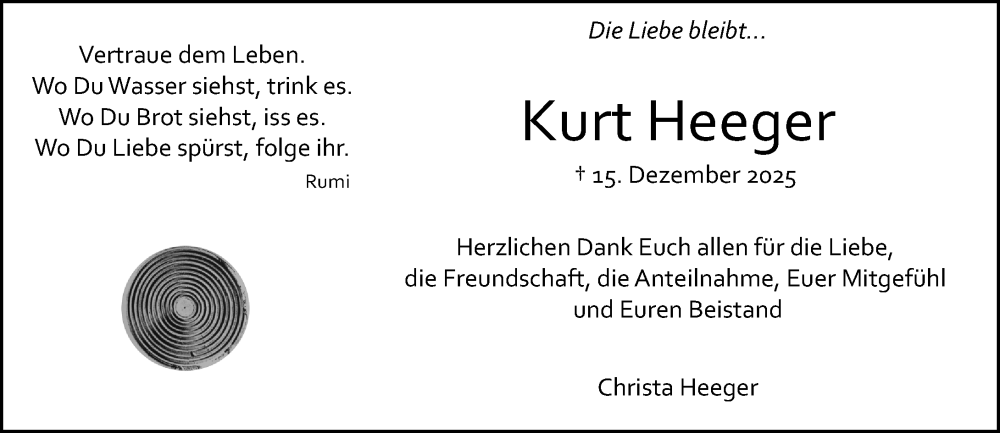  Traueranzeige für Kurt Heeger vom 17.01.2026 aus Allgemeine Zeitung Mainz