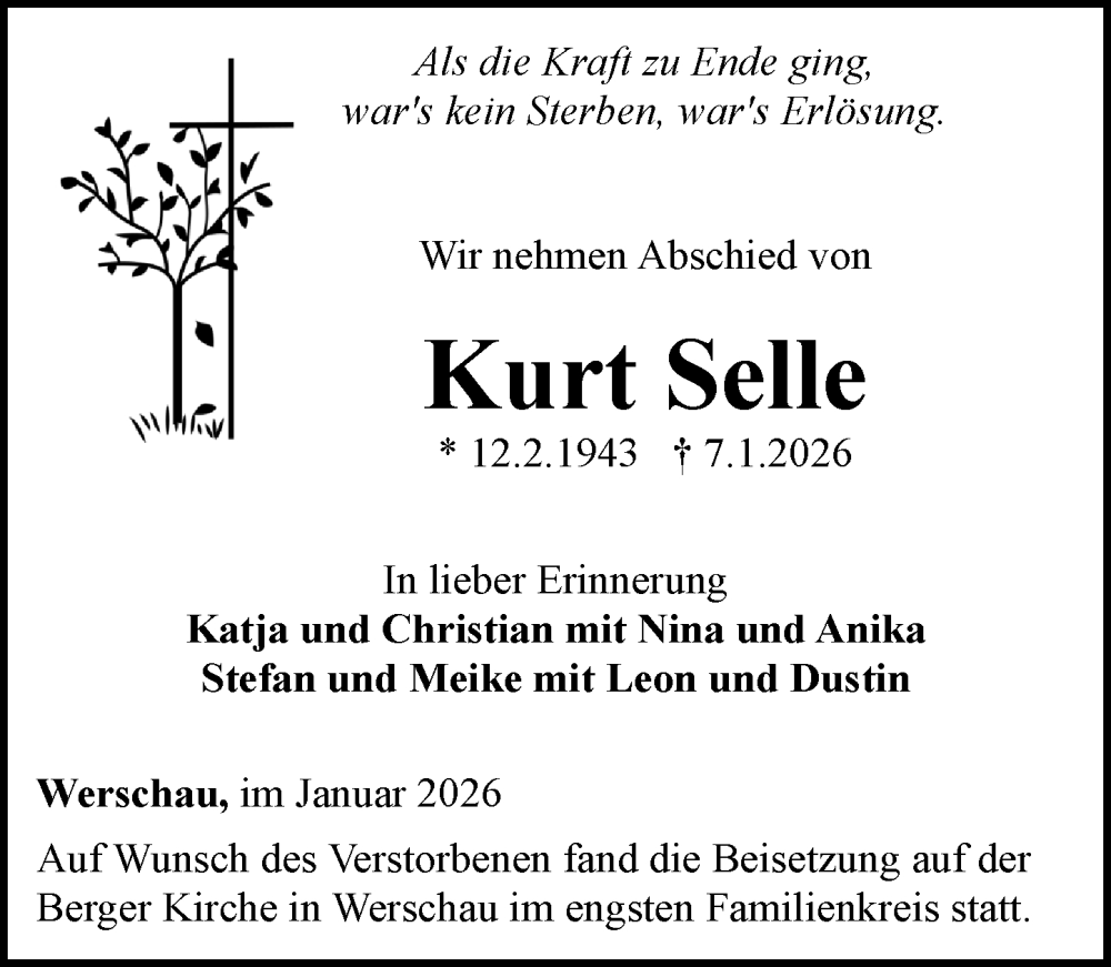  Traueranzeige für Kurt Selle vom 29.01.2026 aus Camberger Anzeiger