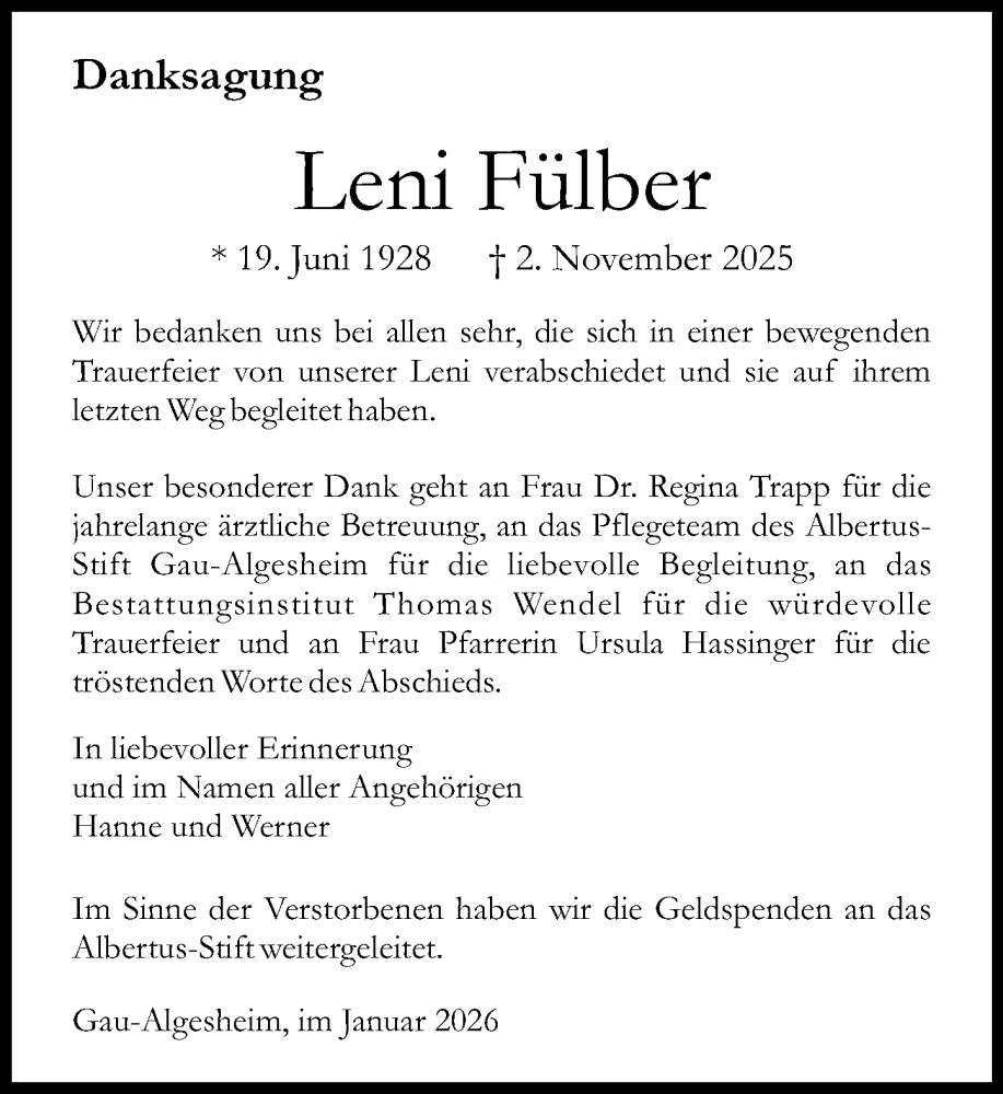  Traueranzeige für Leni Fülber vom 31.01.2026 aus Allgemeine Zeitung Rheinhessen-Nahe