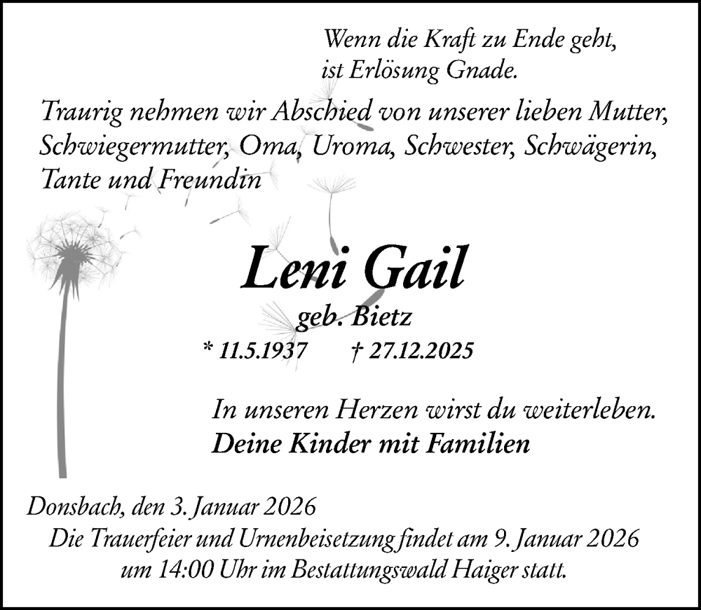  Traueranzeige für Leni Gail vom 03.01.2026 aus Dill Block