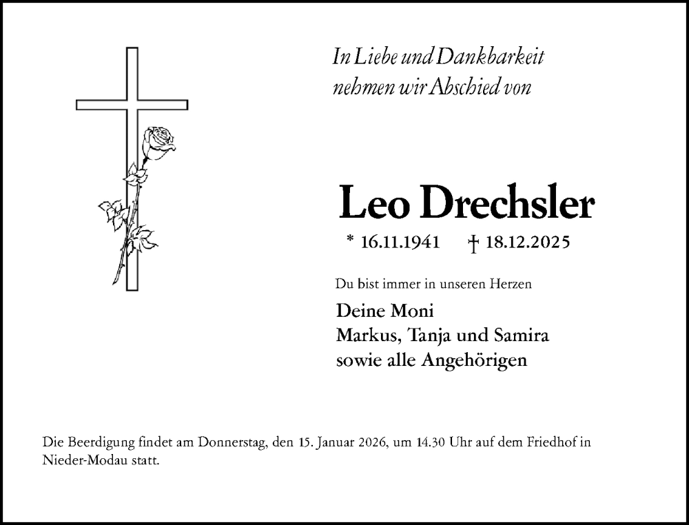  Traueranzeige für Leo Drechsler vom 10.01.2026 aus Darmstädter Echo