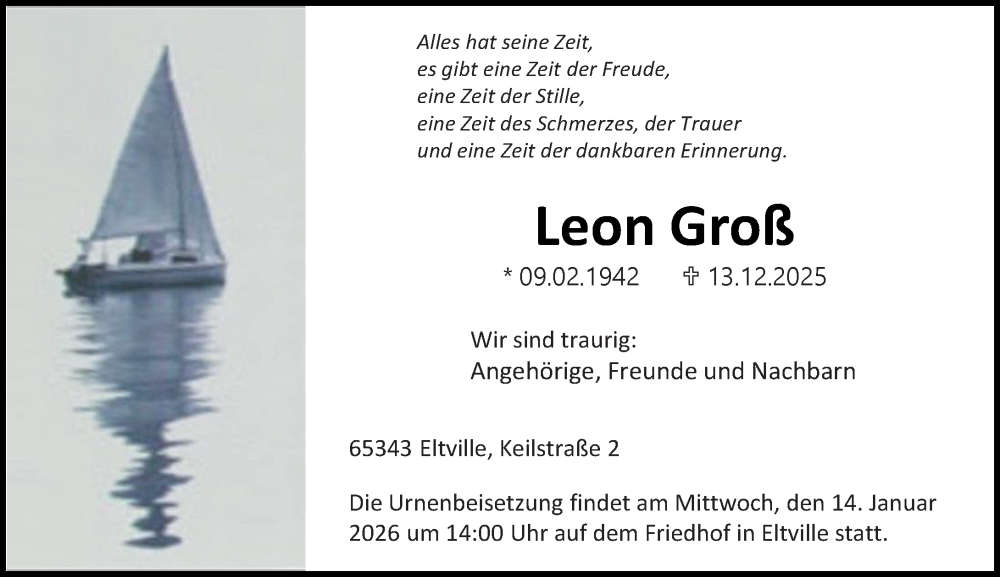  Traueranzeige für Leon Groß vom 10.01.2026 aus Rheingau Kurier