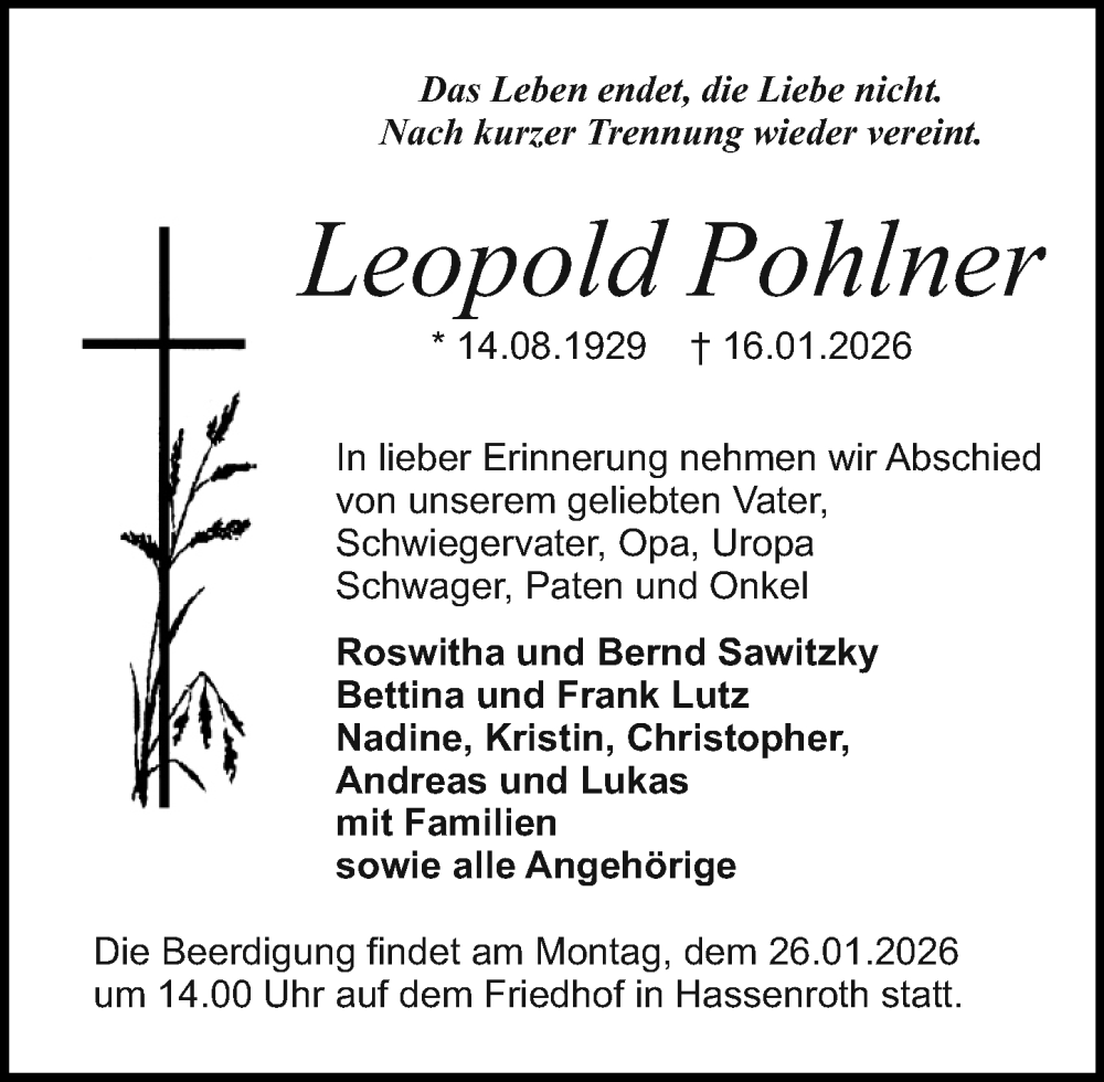  Traueranzeige für Leopold Pohlner vom 24.01.2026 aus Odenwälder Echo