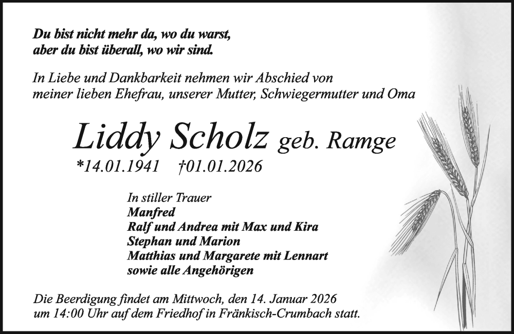  Traueranzeige für Liddy Scholz vom 10.01.2026 aus Odenwälder Echo