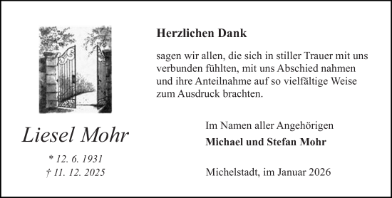 Traueranzeige von Liesel Mohr von Odenwälder Echo